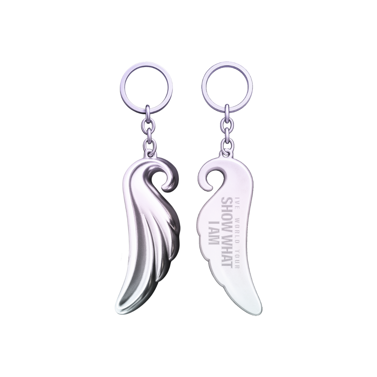 A silver angel wing keychain with front and back shown side by side, one with a polished finish and the other engraved with the text 'IVE WORLD TOUR SHOW WHAT I AM'.